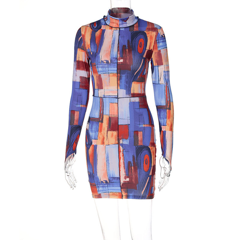 Spring new women's clothing short skirt fashion oil painting printing long sleeve high neck hip wrap dress - kavyachic