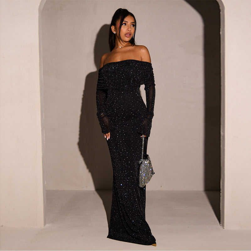 Sexy long dress temperament slim sequins one-word shoulder dress women - kavyachic