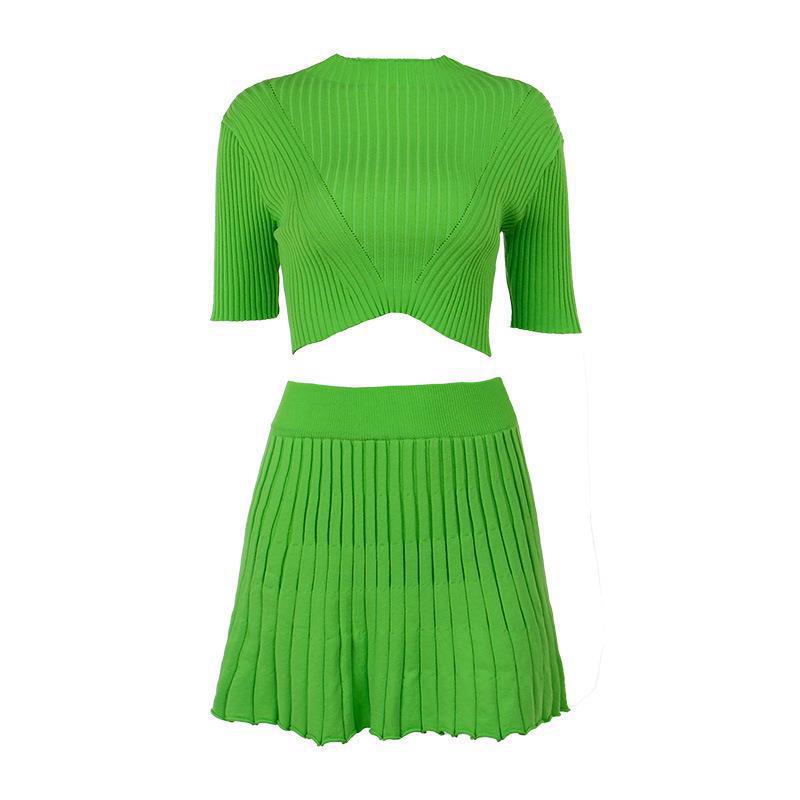 Fashion temperament sexy slim fit pit strip knitted skirt short sleeve solid color suit for women - kavyachic