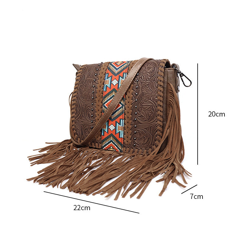 Bohemian ethnic style fringed bag messenger bag shoulder bag pu leather - kavyachic