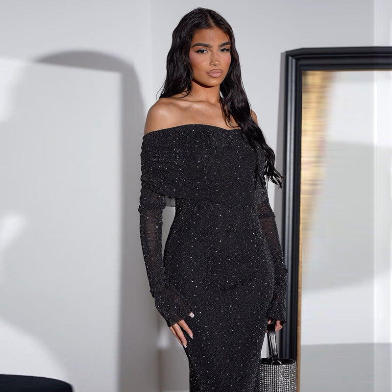 Sexy long dress temperament slim sequins one-word shoulder dress women - kavyachic
