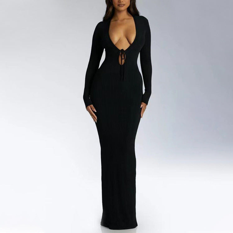 Plunging Neckline Long - Sleeve Maxi Dress: Bold Elegance - kavyachic