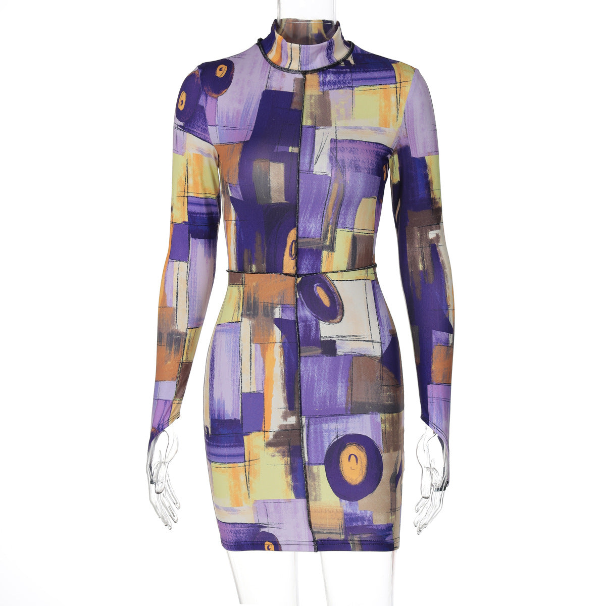 Spring new women's clothing short skirt fashion oil painting printing long sleeve high neck hip wrap dress - kavyachic