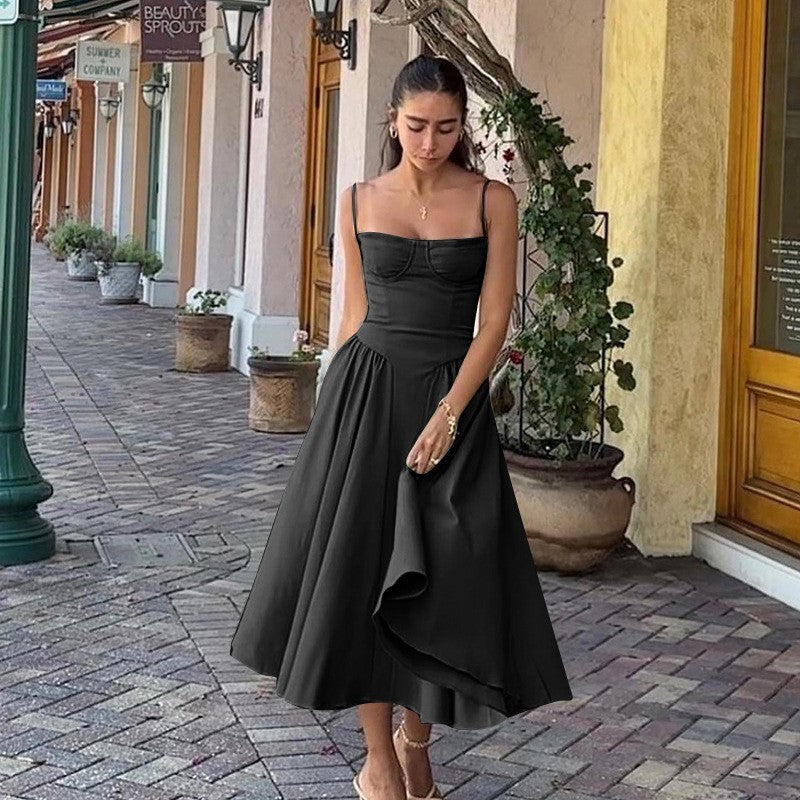 New French retro long dress court style dopamine wear suspender dress women - kavyachic