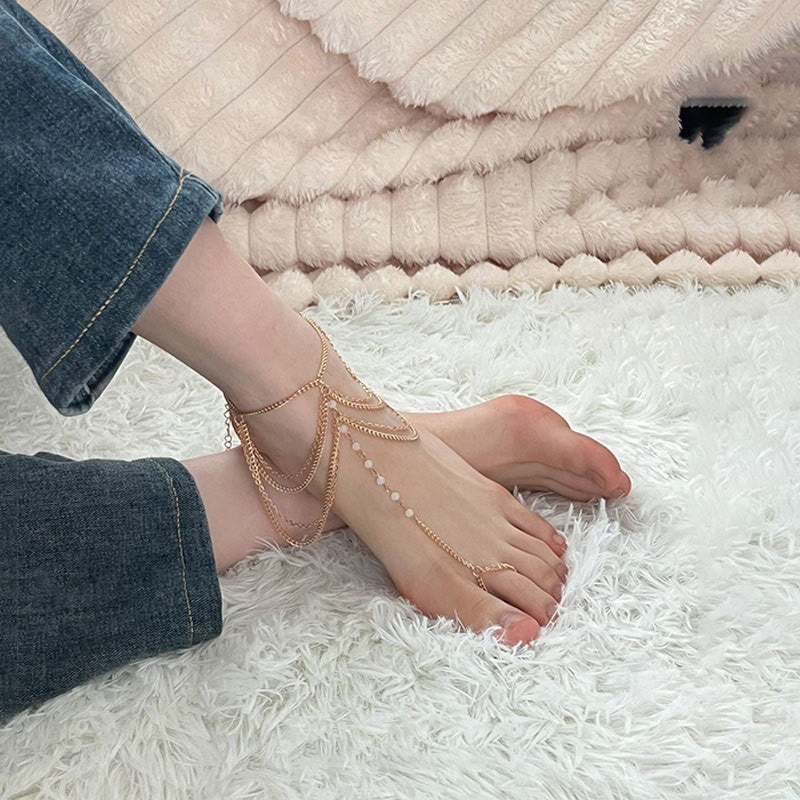 Exotic anklet women's luxury rhinestone fringed pearl finger design foot decoration Indian dance exotic princess performance foot decoration - kavyachic