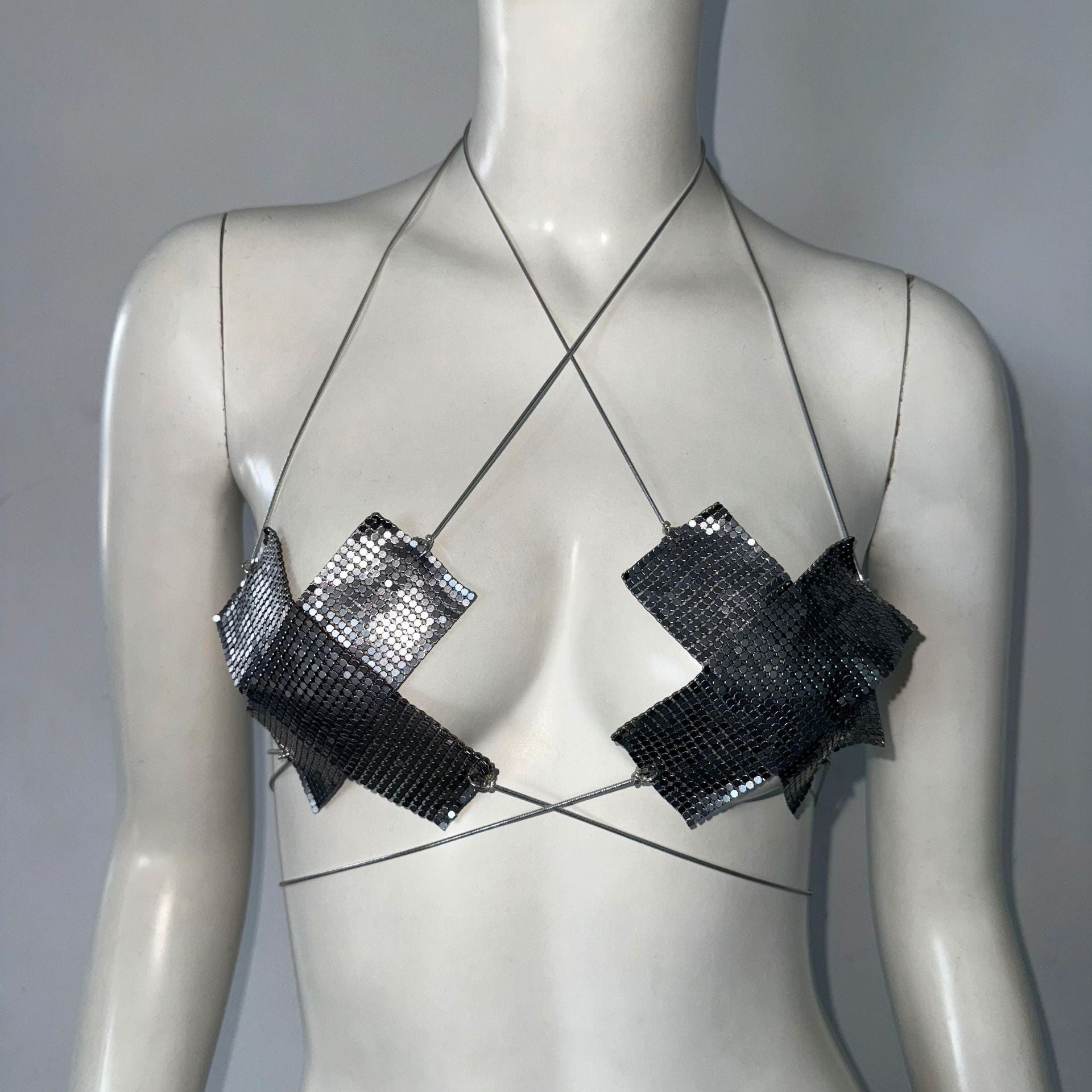 Sexy top metal sequined suspender music festival party small vest ins wind lace-up top women