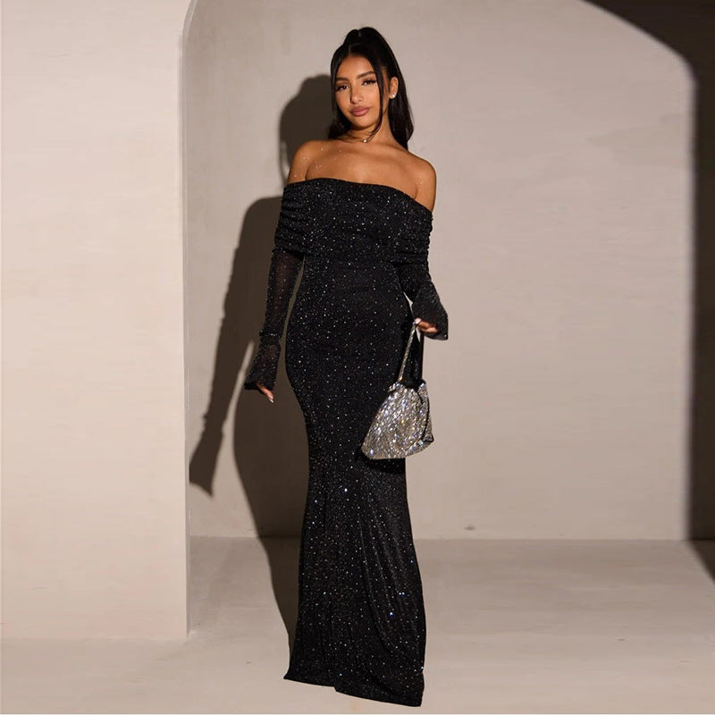 Sexy long dress temperament slim sequins one-word shoulder dress women - kavyachic