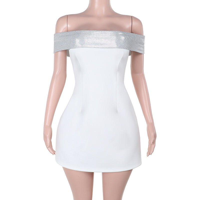 Celebrity temperament sexy slim fit splicing one-word shoulder dress dress