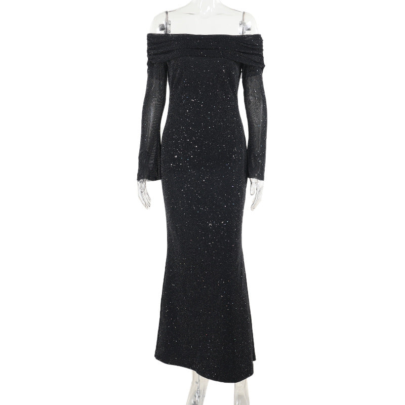 Sexy long dress temperament slim sequins one-word shoulder dress women - kavyachic