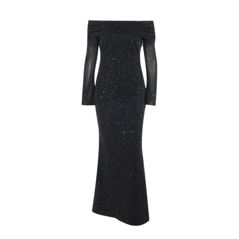 Sexy long dress temperament slim sequins one-word shoulder dress women - kavyachic