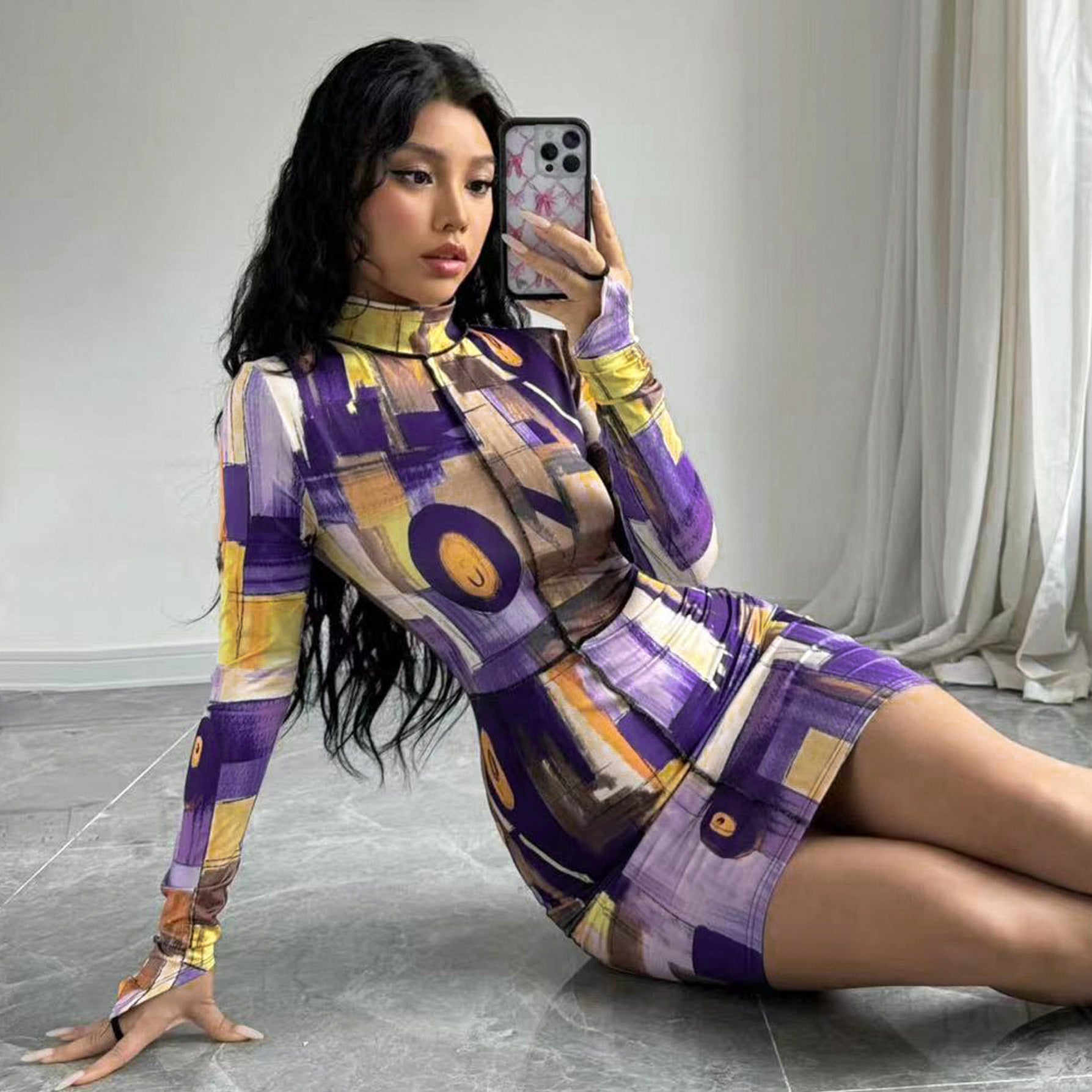 Spring new women's clothing short skirt fashion oil painting printing long sleeve high neck hip wrap dress - kavyachic