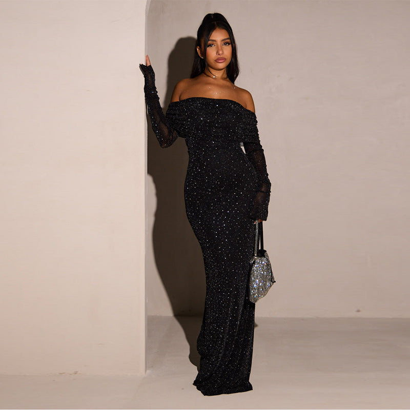 Sexy long dress temperament slim sequins one-word shoulder dress women - kavyachic
