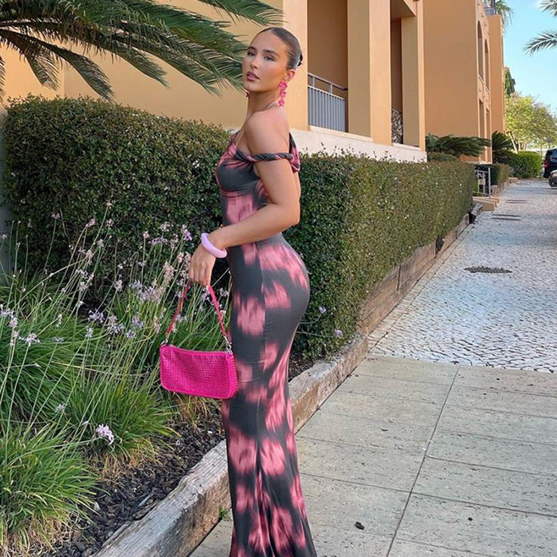 Fashion temperament Slim print kink slanted shoulder temperament Fishtail dress women - kavyachic