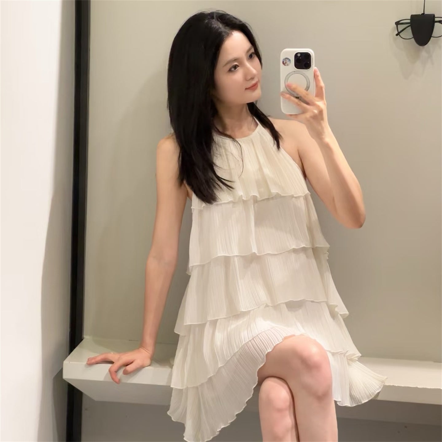 Sweet layered holiday style short dress with stand collar - kavyachic