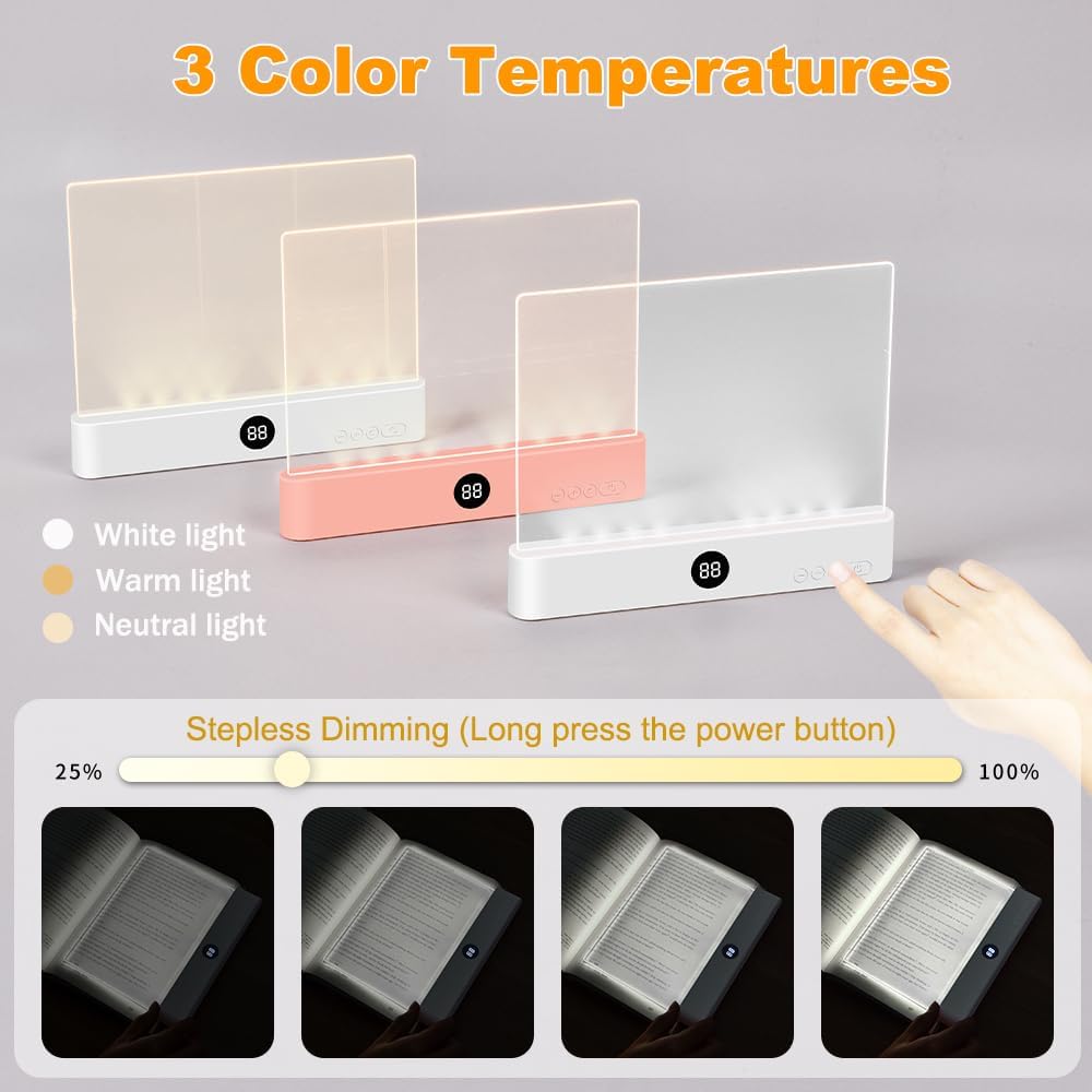 Book Light, Rechargeable Clear LED Flat Reading Light with 3 Colors & Timer, Dimmable Panel Plate Lamp Book Full Page Light for Reading in Bed at Night, Funny Gifts for Readers Kids Women Men (White) - kavyachic