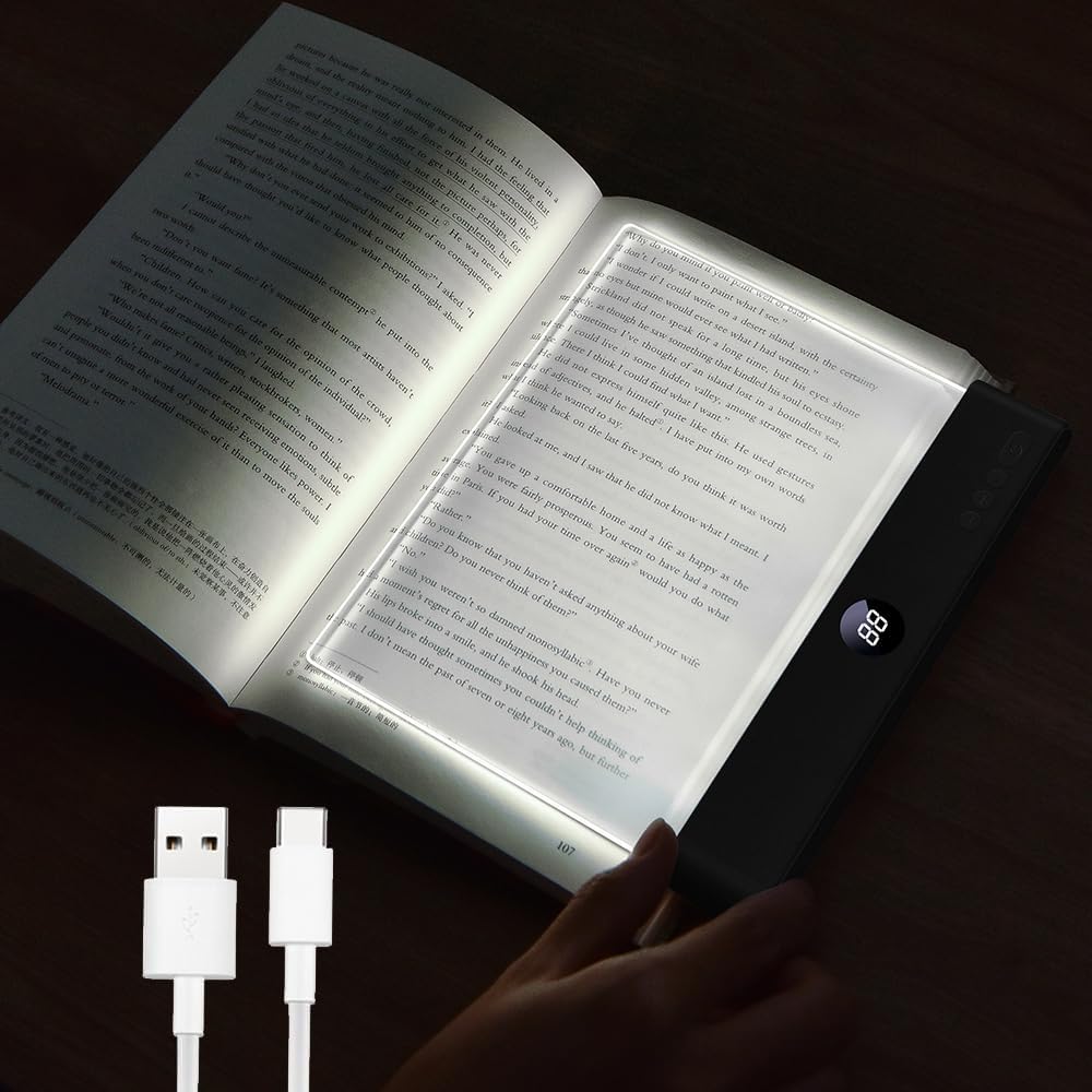 Book Light, Rechargeable Clear LED Flat Reading Light with 3 Colors & Timer, Dimmable Panel Plate Lamp Book Full Page Light for Reading in Bed at Night, Funny Gifts for Readers Kids Women Men (White) - kavyachic