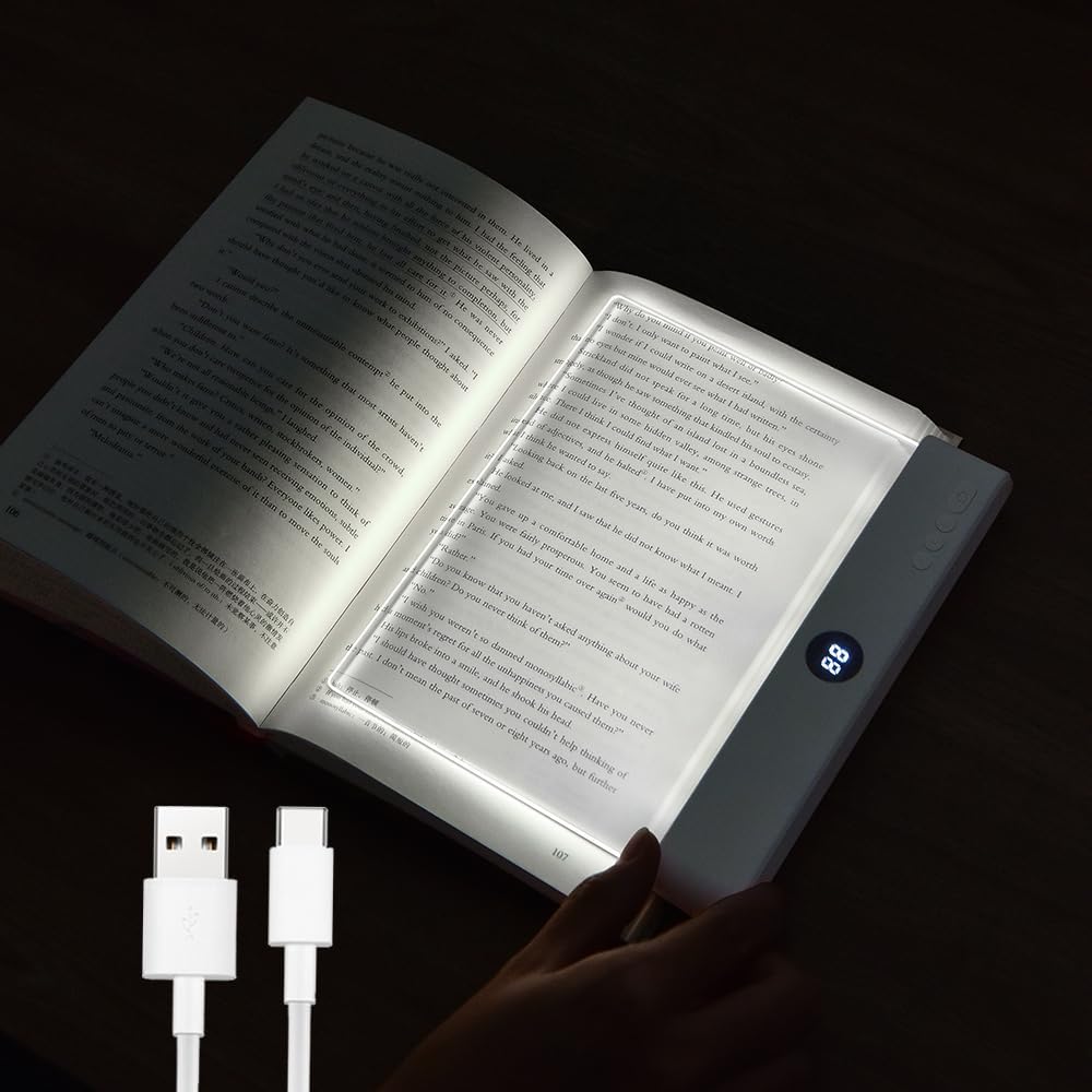 Book Light, Rechargeable Clear LED Flat Reading Light with 3 Colors & Timer, Dimmable Panel Plate Lamp Book Full Page Light for Reading in Bed at Night, Funny Gifts for Readers Kids Women Men (White) - kavyachic