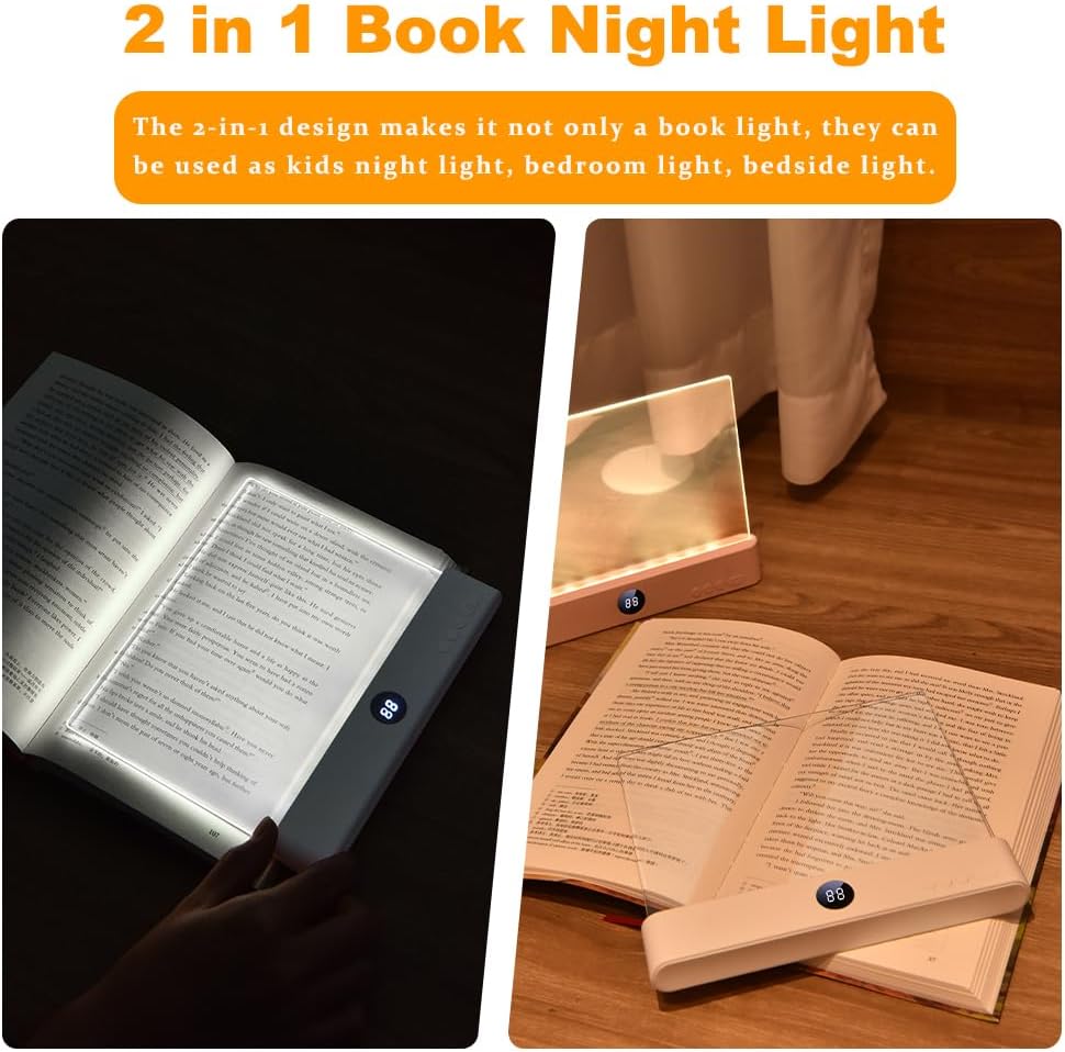 Book Light, Rechargeable Clear LED Flat Reading Light with 3 Colors & Timer, Dimmable Panel Plate Lamp Book Full Page Light for Reading in Bed at Night, Funny Gifts for Readers Kids Women Men (White) - kavyachic