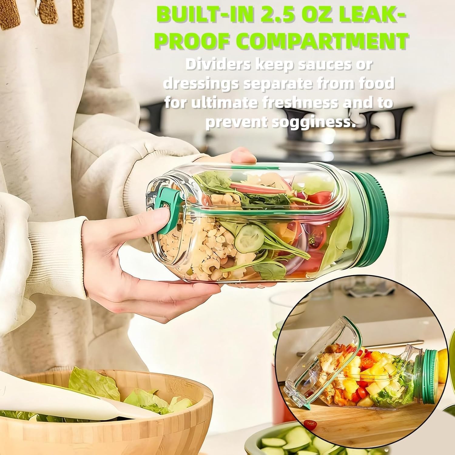Salad Jar, Durable Salad Jar with Side Opening and Leakproof Seasoning Layer, Portable Salad Jar Container for Lunch, Meal Prep, Travel, Office, and Outdoor Use. - kavyachic