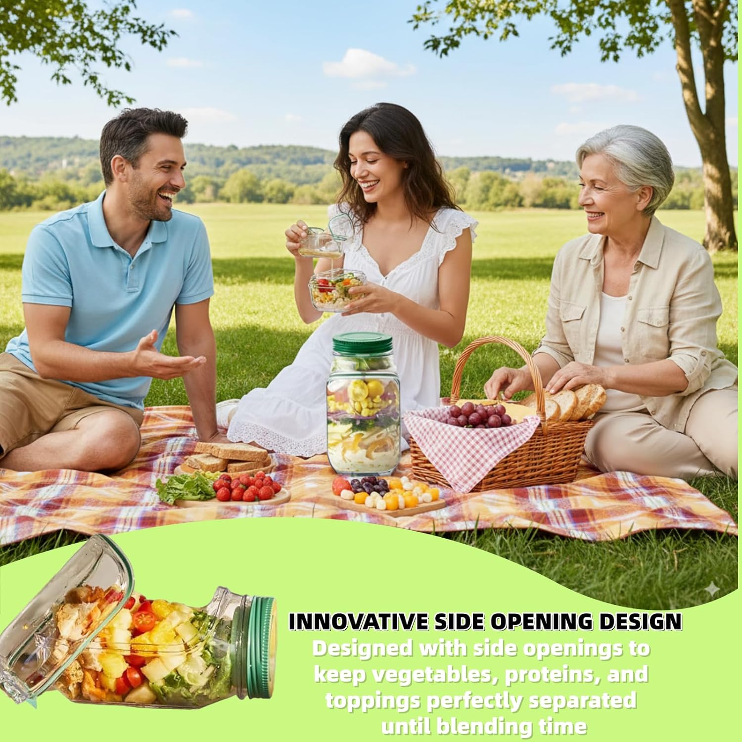 Salad Jar, Durable Salad Jar with Side Opening and Leakproof Seasoning Layer, Portable Salad Jar Container for Lunch, Meal Prep, Travel, Office, and Outdoor Use. - kavyachic