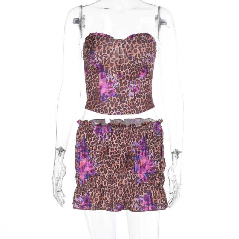Fashion temperament sexy slim leopard print tube top short skirt suit women