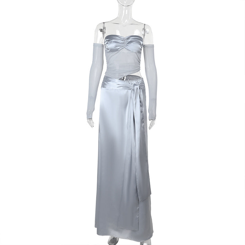Splicing long dress, fashionable style, sexy temperament, slim tube top satin dress