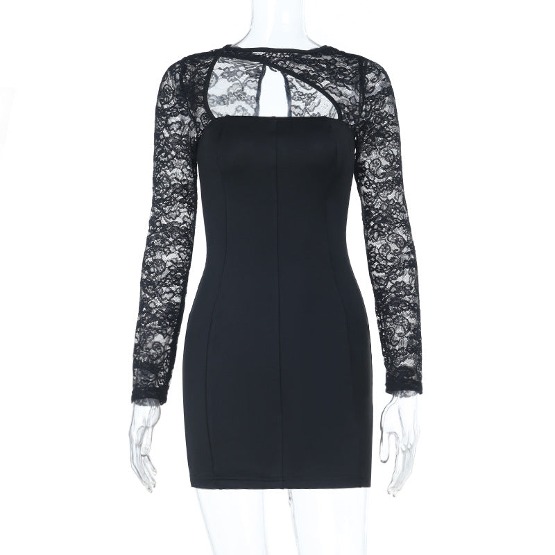 Lace splicing long-sleeved slim-fit hip-wrapped dress for women ins