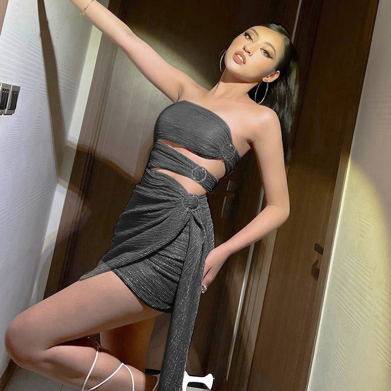 Tube top hollow fine flash streamer dress female hottie sexy dress short skirt