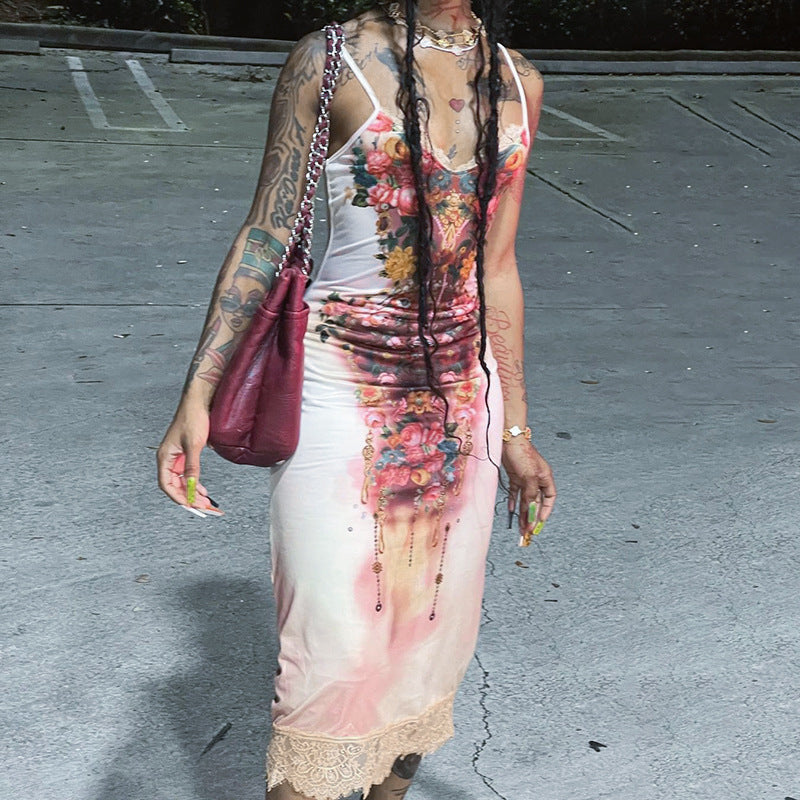 European and American style personalized printing lace lace suspender dress