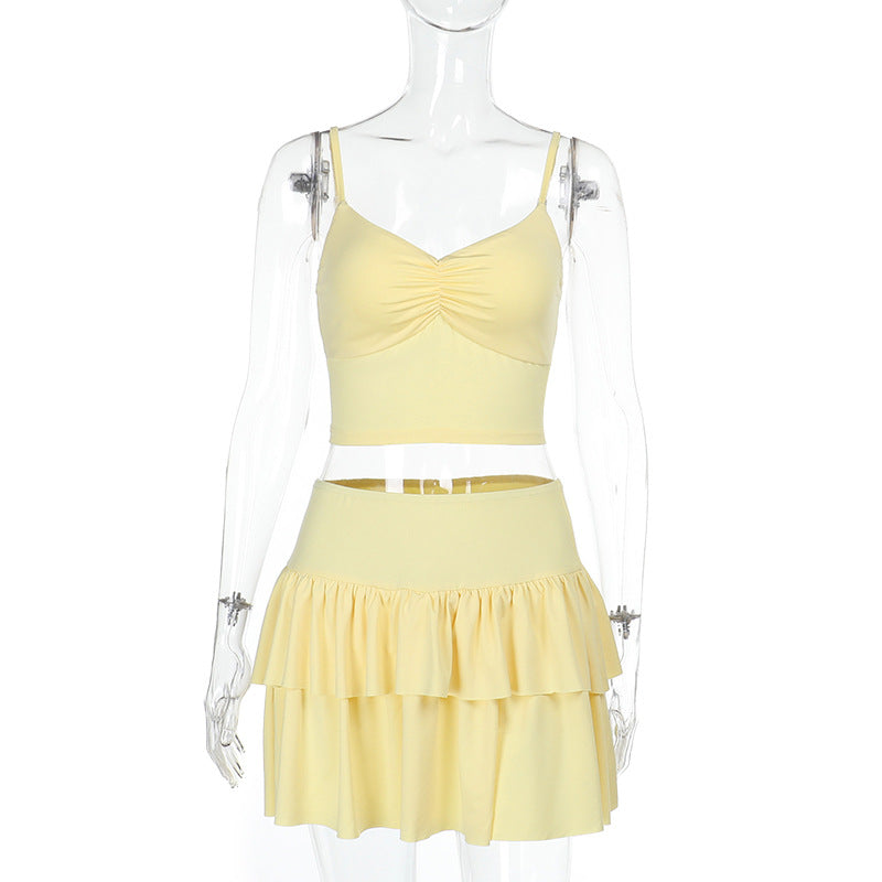 Suspender sexy backless short top high waist pleated short skirt Spice girl European and American summer new suit