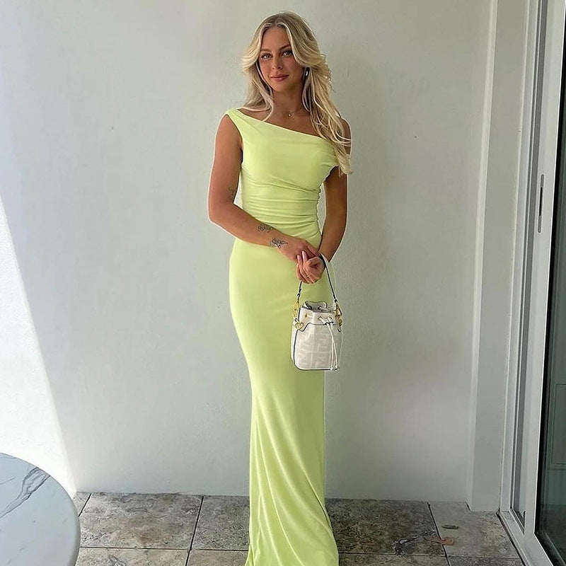Fashion style temperament slim slanted shoulders one word shoulder fishtail pendulum dress women