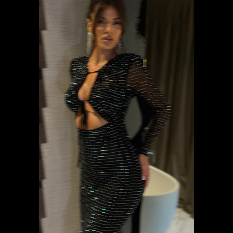 Hot Diamond Fine Flash Sexy Hollow Long Sleeve Dress Women
