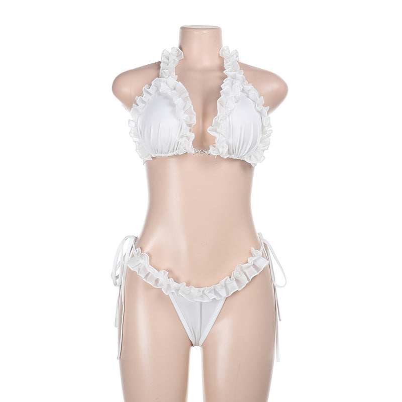 Sexy open button tube top lace hot spring beach split bikini set