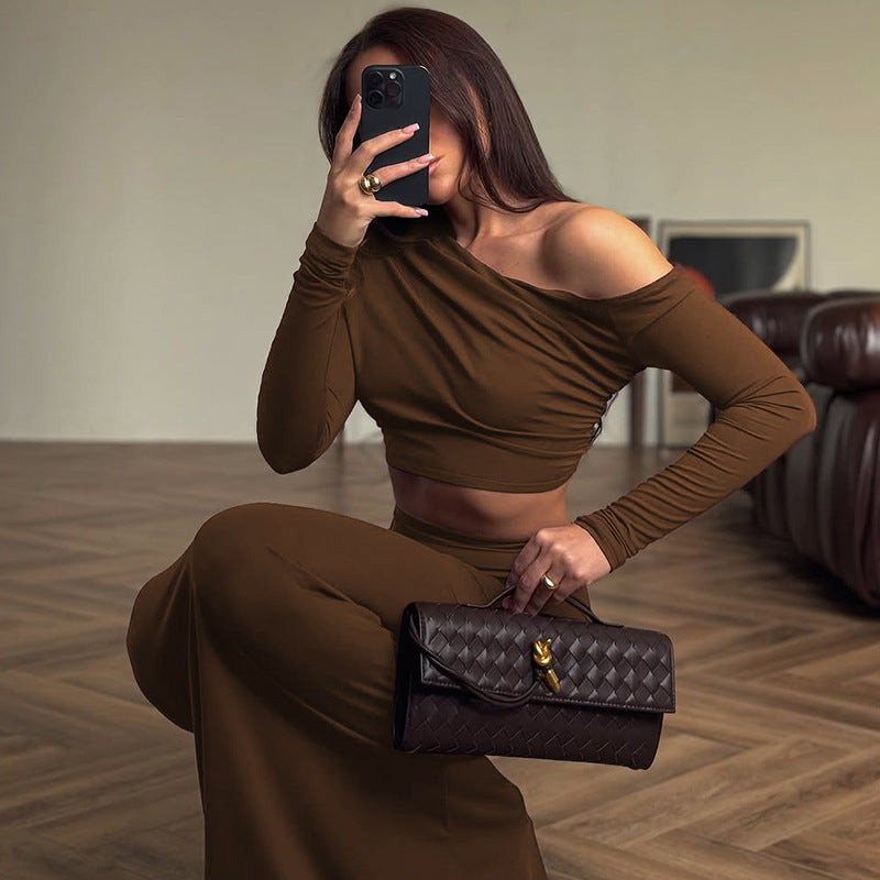 Off - Shoulder Brown Two - Piece Set: Elegant Simplicity