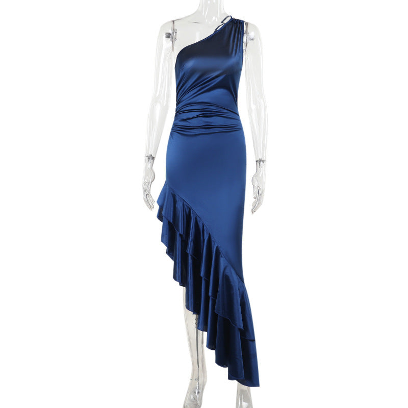 Celebrity style fashion temperament sexy slim streamer slanted shoulder dress long dress women