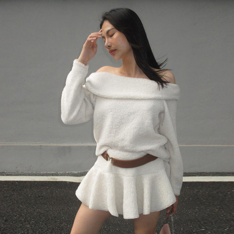 New pure desire wind one-word shoulder waist dress women ins street trendy hot girl short skirt