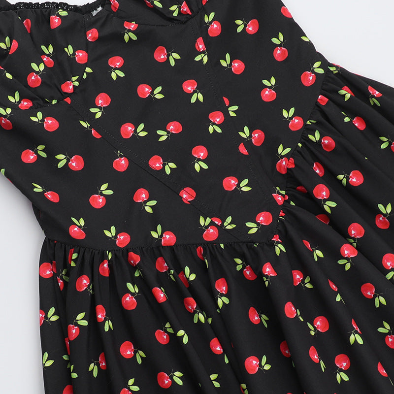 YL25003 Amazon popular cherry print lace breast cup dress, summer beach V-neck sleeveless skirt