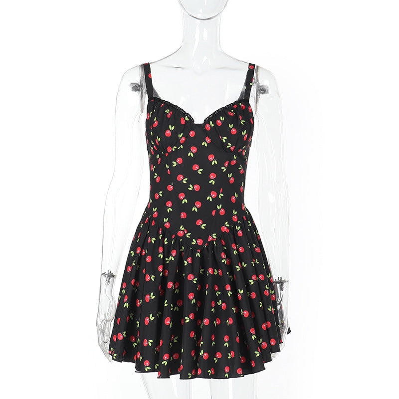 YL25003 Amazon popular cherry print lace breast cup dress, summer beach V-neck sleeveless skirt