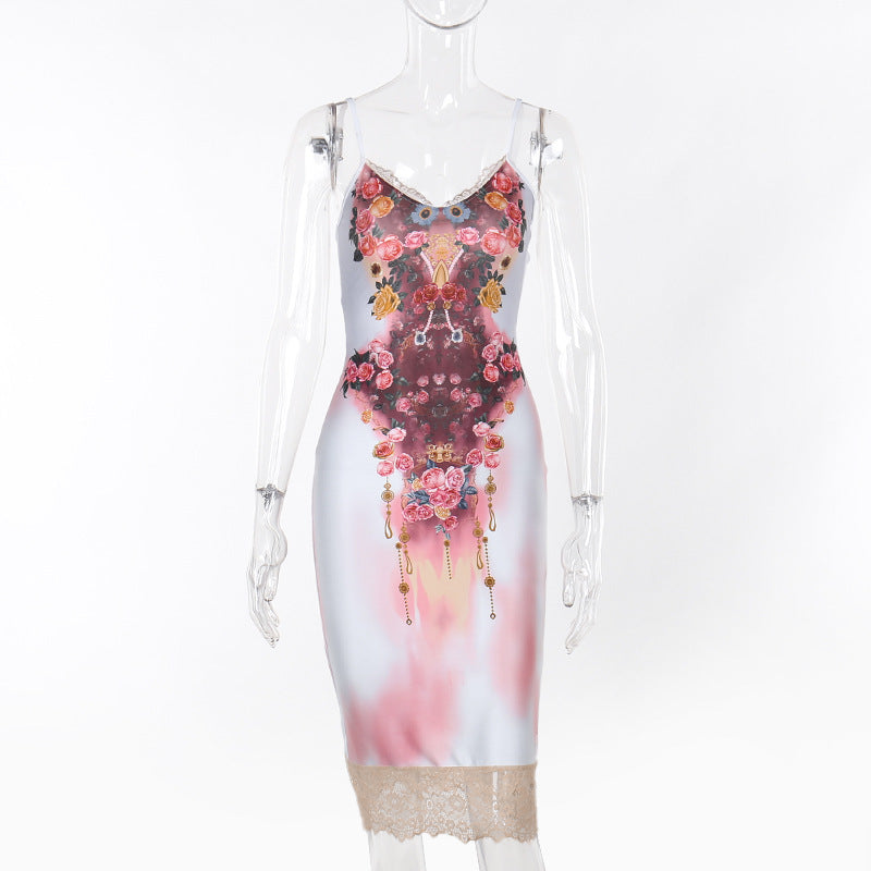 European and American style personalized printing lace lace suspender dress