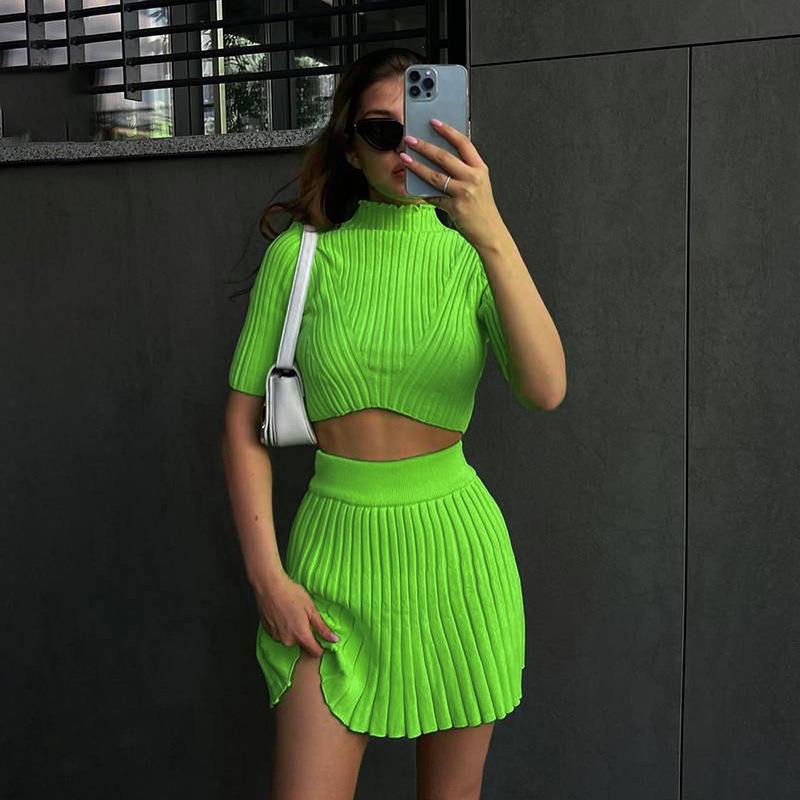 Fashion temperament sexy slim fit pit strip knitted skirt short sleeve solid color suit for women