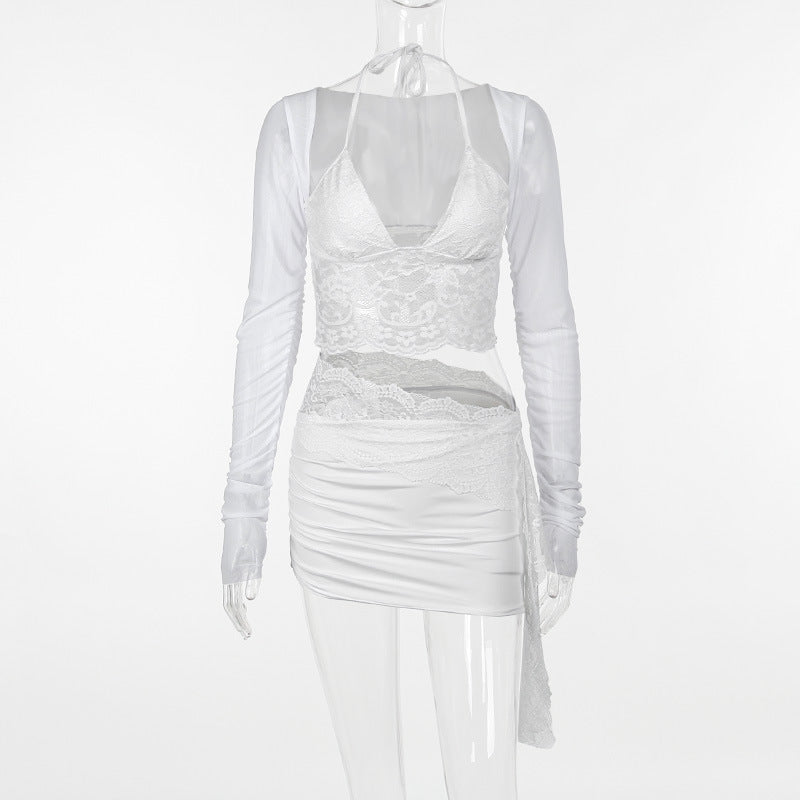 Fashion temperament Sexy deep V slim lace stitching mesh long-sleeved dress women