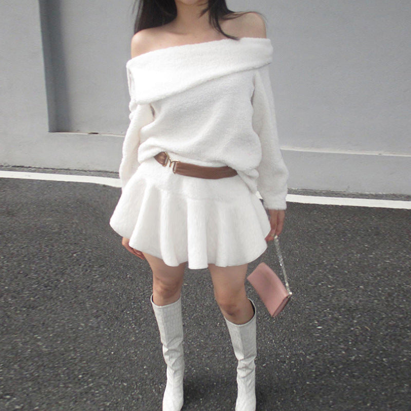 New pure desire wind one-word shoulder waist dress women ins street trendy hot girl short skirt