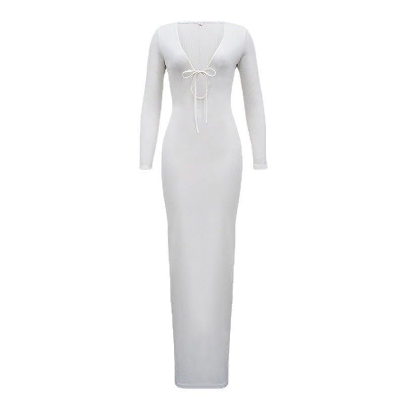 Plunging Neckline Long - Sleeve Maxi Dress: Bold Elegance