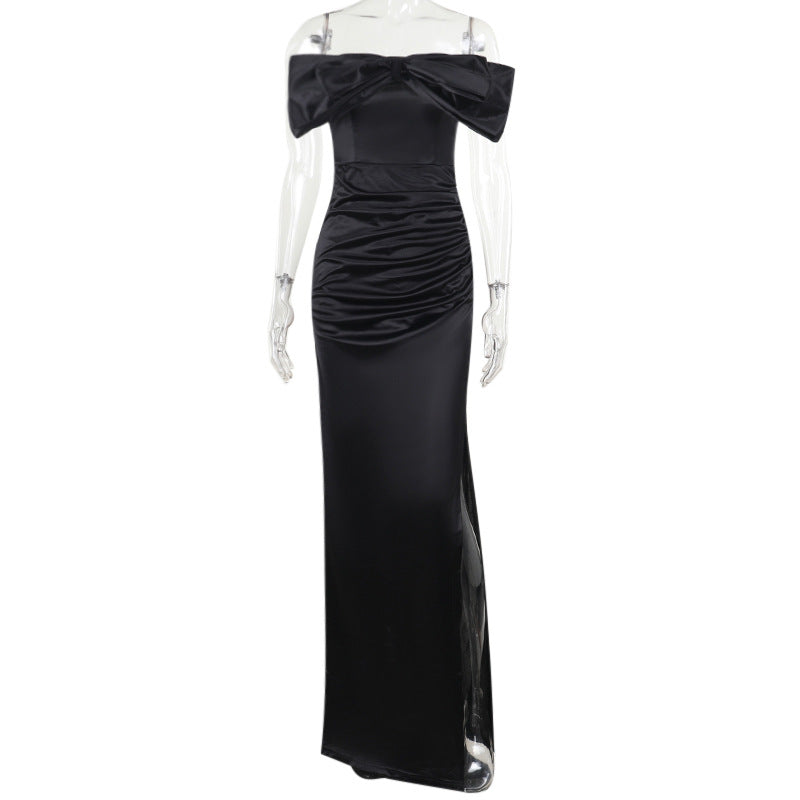 Celebrity temperament sexy three-dimensional bow tube top split dress long dress