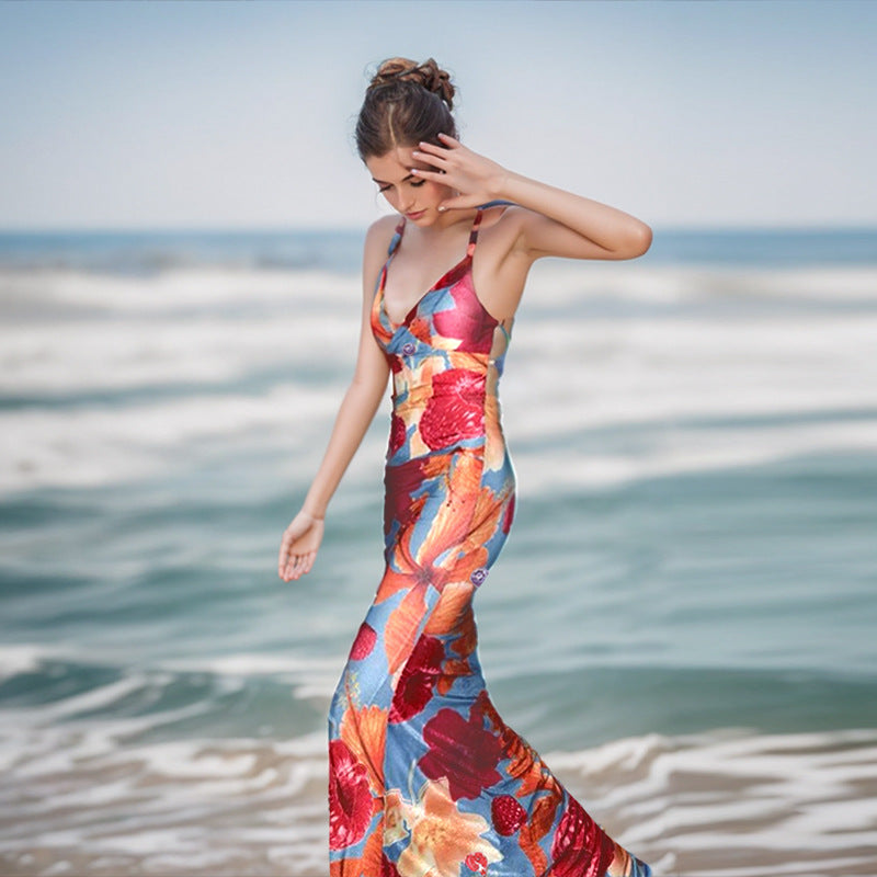 Suspender sexy backless print dress women