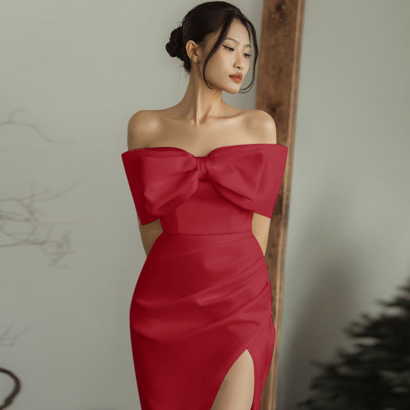 Celebrity temperament sexy three-dimensional bow tube top split dress long dress