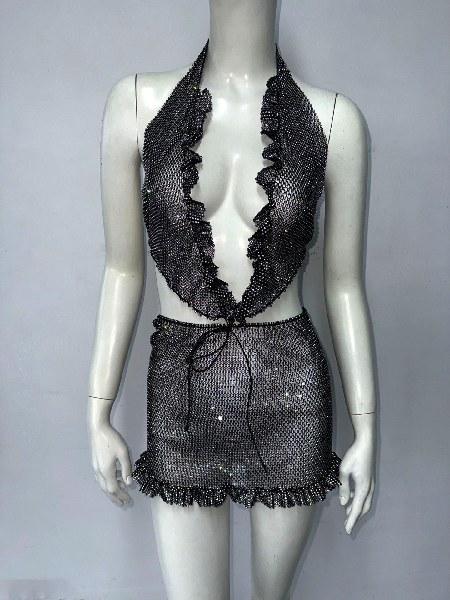 Sexy dress ins wind neck skirt flash diamond elastic hip skirt Spice girl skirt