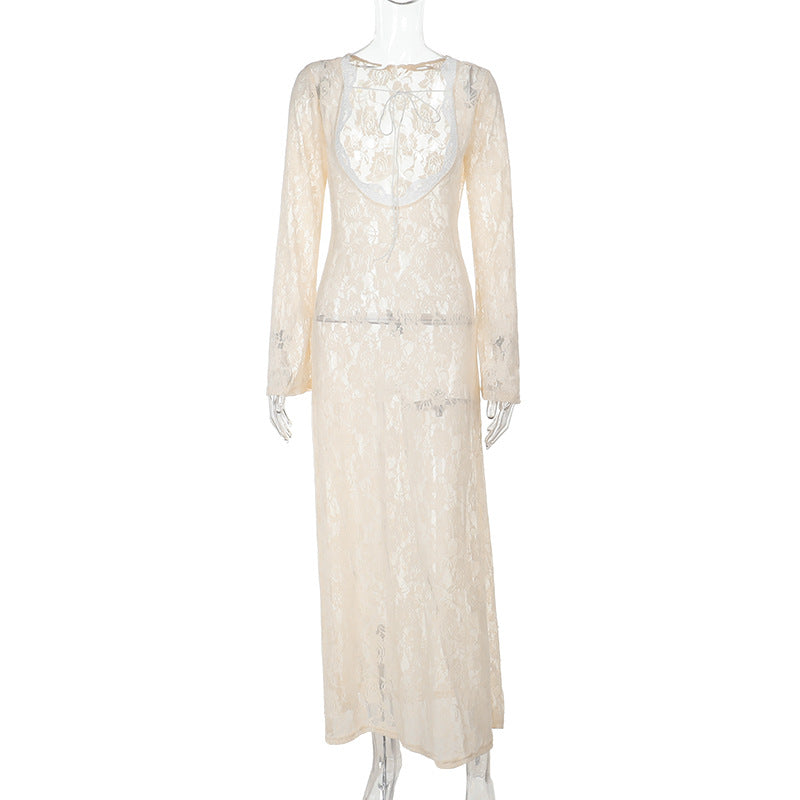 Summer new lace perspective U-neck lace decorative straps wear long-sleeved dress on both sides