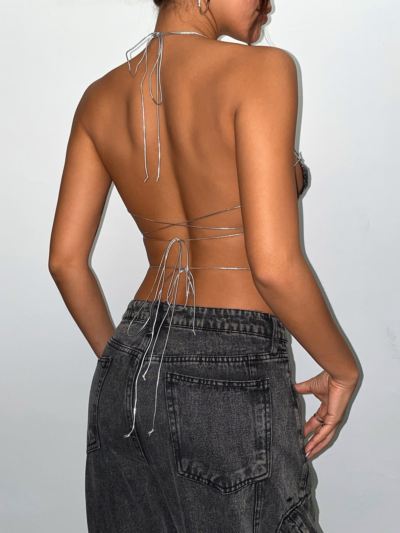 Sexy top metal sequined suspender music festival party small vest ins wind lace-up top women