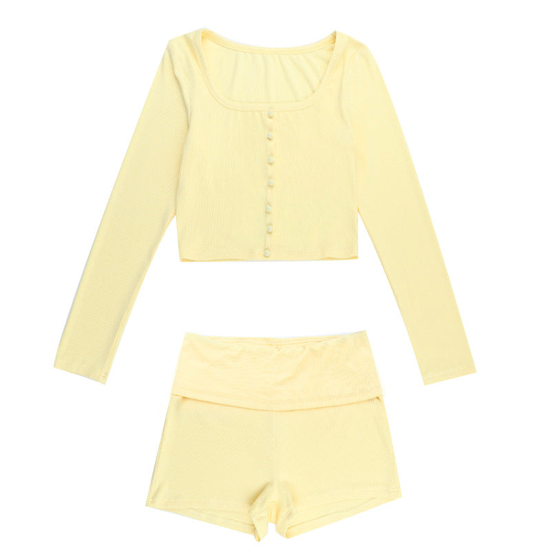 U-neck long-sleeved top and shorts set 2025 summer new street sexy solid color long-sleeved